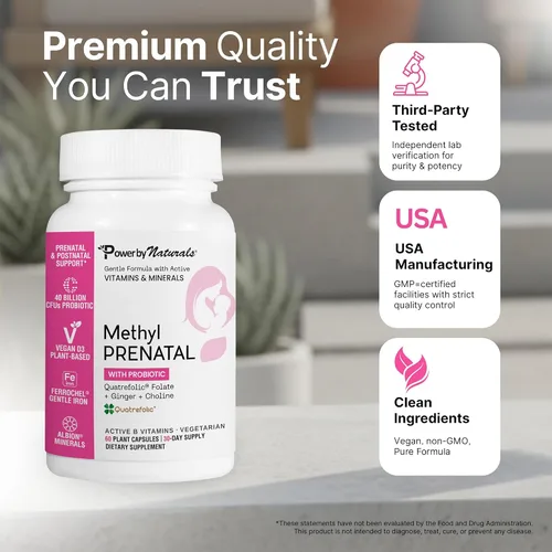 Vista 5 de Power By Naturals Metil prenatal con probióticos - Vitaminas prenatales para mujeres con hierro, folato de metilo, nutrientes B12 y 28 y botánicos
