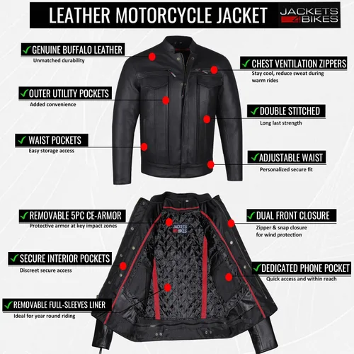 Vista 6 de COMMUTER - Chaqueta de motocicleta para hombre, piel de búfalo premium, armadura CE, bolsillos utilitarios, Street Cruiser Motorbike Biker Negro
