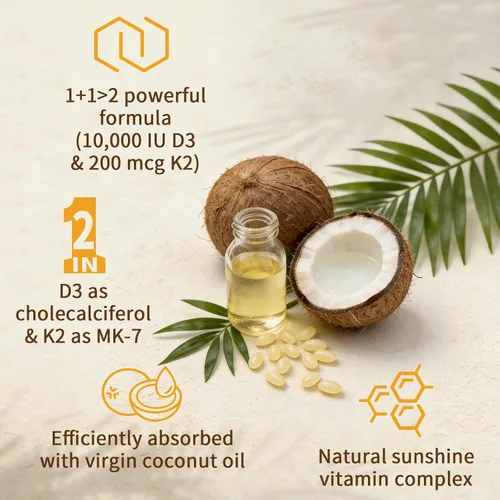 Vista 4 de Suplemento de vitamina D3 K2 2 en 1 Softgel, vitamina D3 10000 UI y vitamina K2 200 mcg, K2 MK7 con suplemento de vitamina D3 que apoya la salud