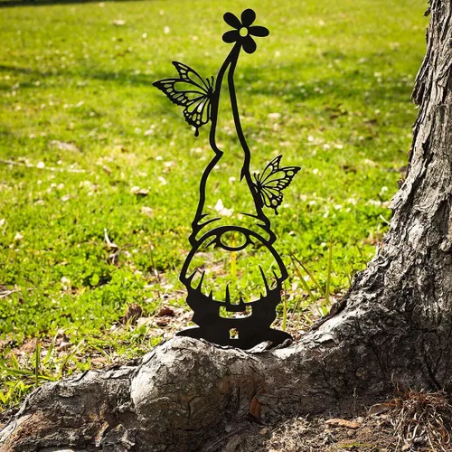 Vista 3 de RealSteel Gnomos de jardín de metal para exteriores, paquete de 4 adornos y estatuas de acero para césped, divertida decoración de patio