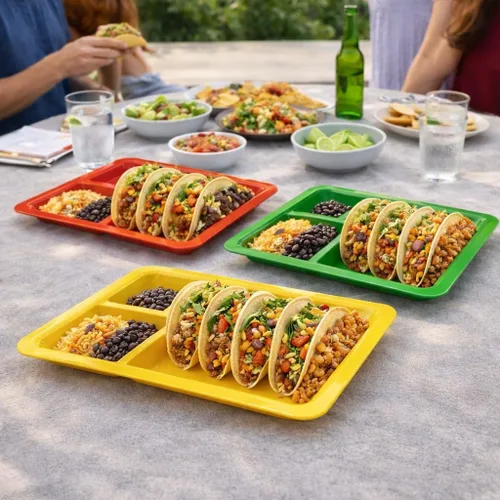 Vista 7 de Dependable Industries inc. Essentials Juego de 3 platos rectangulares para tacos, bandejas de plástico sin BPA con divisores, apilables, aptos