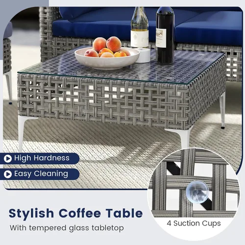 Vista 8 de Tangkula Juego de muebles de exterior de 5 piezas, juego de sofá modular acolchado de mimbre resistente con mesa de café de vidrio templado