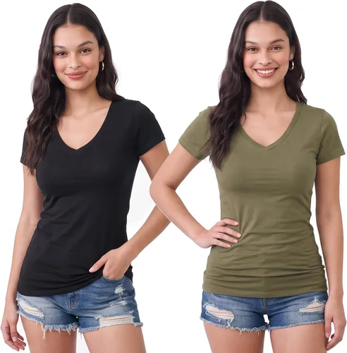 Vista 65 de Emmalise Camiseta de manga corta para mujer, cuello en V, tallas junior y plus