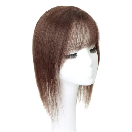 Vista 11 de Parte media parte de seda parte base cabello humano Topper 2.8x3.9 in frente recto clip en postizo con flecos Wispy 7.9 in negro apagado