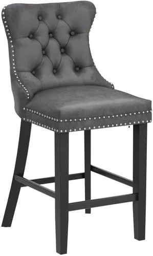 Vista 265 de SoarFlash Juego de 2 taburetes de bar tapizados de terciopelo moderno con patas de madera, botones acolchados, cabeza de clavo cromada, asiento