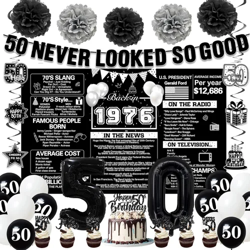 Vista 10 de Crenics Decoraciones de 60 cumpleaños en negro para hombres y mujeres - Telón de fondo de 1966, pancarta, pompones de papel, espirales colgantes