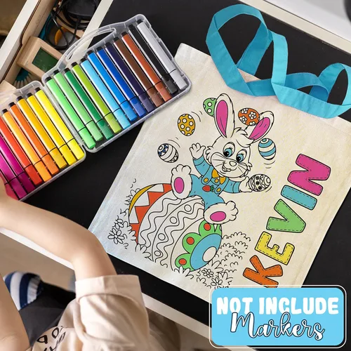 Vista 3 de Bolsas de Pascua personalizadas, regalo para niños con nombre, 3 asas de colores y 6 diseños, bolsas de regalo personalizadas de conejito colorido