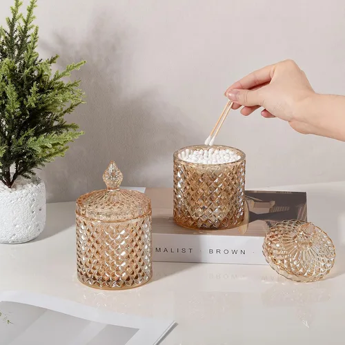 Vista 4 de Paquete de 2 Portacotonetes Frascos de Boticario de Vidrio Grueso con Tapa para Decoración de Baño Organizador de Almacenamiento para Hisopos