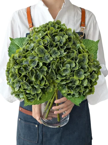 Vista 14 de JINWOE Hortensias artificiales de tacto real, 3 piezas de 21 pulgadas, flores de seda de látex real grandes, tallos largos, ramo de flores falsas
