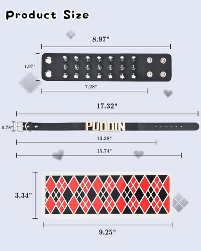 Vista 4 de ABONDEVER Quinn Puddin Gargantilla de Halloween ajustable de cuero punk, collar de letras, calcomanías de tatuaje, remaches, pulsera de espiga