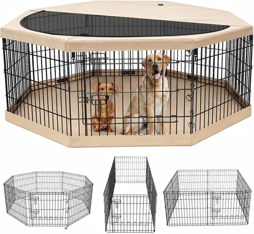 Vista 30 de PETIME - Corral plegable de metal para ejercicio de perros/Parque de juegos para cachorros con 8 paneles para interior/exterior, valla de patio