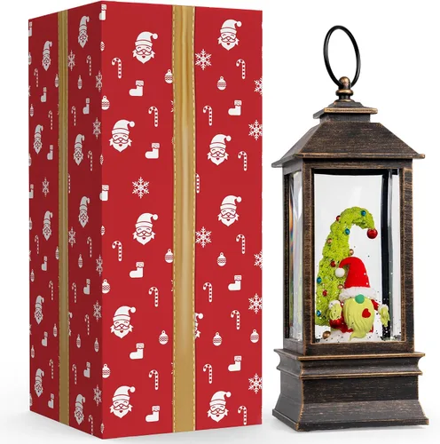 Vista 8 de Gnomos de Navidad de 10 pulgadas, linterna de globo de nieve iluminada, caprichoso árbol de Navidad y elfo escandinavo, linterna de agua musical
