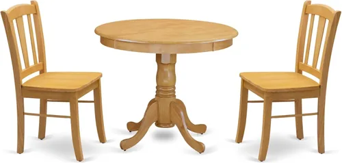Vista 12 de East West Furniture ANDL3-MAH-W Juego de mesa y sillas de cocina de 3 piezas contiene una mesa de comedor redonda con pedestal y 2 sillas