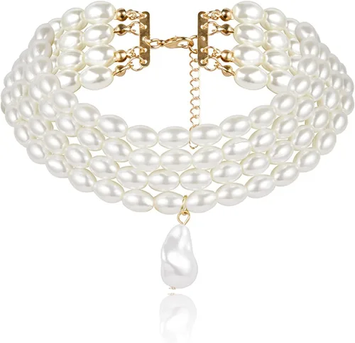 Vista 5 de Gargantilla de perlas multicapa para mujer, collar de perlas de novia para boda, collar de baile de los años 20, Metal