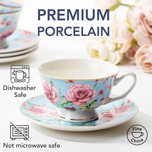 Vista 4 de BTaT- Tazas de té y platillos, diseño floral, juegos de tazas de té de porcelana, aptos para lavavajillas, juego de 4, 8 onzas