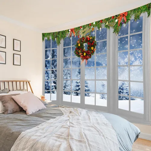 Vista 4 de HVEST Tapiz navideño de invierno para colgar en la pared, bosque de pinos nevados con copo de nieve a través de ventana, tapiz de corona de Navidad