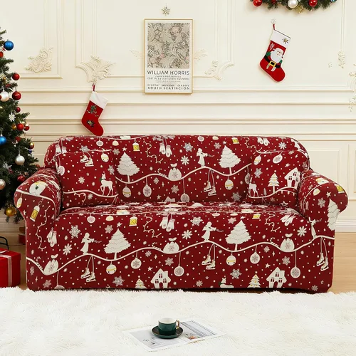 Vista 12 de Funda de sofá de Navidad Verde, Funda Elástica para Sofá, Funda Deslizante para Sofás y Sofás de Dos Plazas, 1 Pieza, Funda Temática Navideña