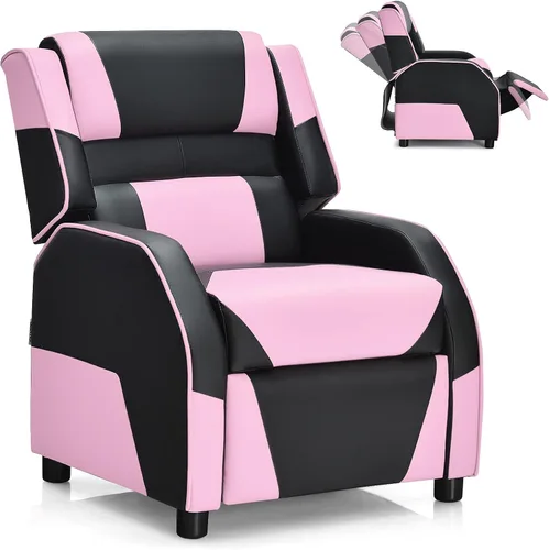 Vista 12 de Giantex Silla reclinable para niños, silla reclinable para juegos con reposapiés, reposacabezas y soporte lumbar, silla ergonómica de cuero para Azul