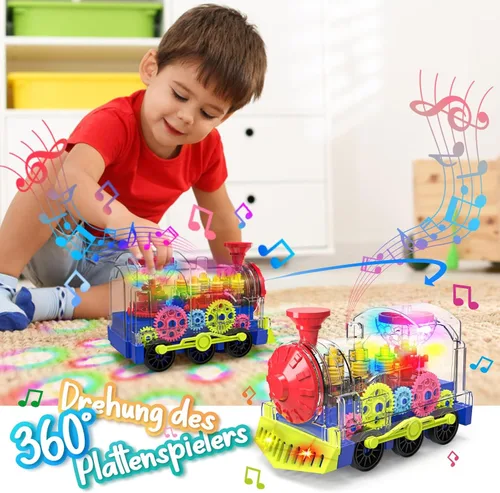 Vista 6 de Kizeefun - Tren de juguete con luz para niños pequeños: coche de juguete con engranajes transparentes para niños con luz genial y música, juguetes