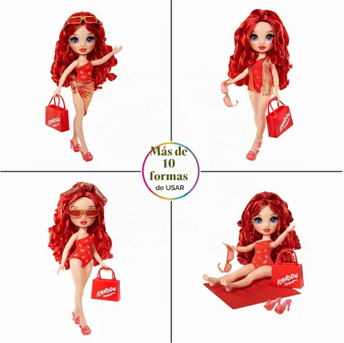 Vista 4 de Rainbow High Swim & Style Ruby, muñeca de moda roja de 11 pulgadas con envoltura brillante para peinar de más de 10 formas, traje de baño removible