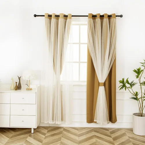 Vista 23 de INLINAS Cortinas opacas beige con superposición transparente, paneles térmicos y de reducción de ruido con ojales en la parte superior