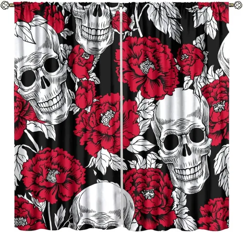 Vista 13 de Cortinas góticas rústicas con estampado de cuervo de bosque brumoso, rama, luna, bolsillo para barra, cortinas de ventana para dormitorio, sala