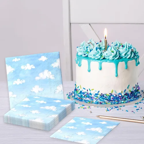 Vista 2 de 40 servilletas de nube, suministros de fiesta de historia, cielo azul, nubes blancas, servilletas de papel desechables con temática de nubes