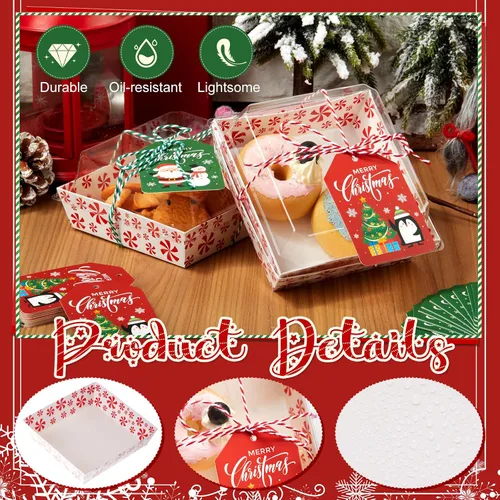 Vista 4 de Yaomiao 50 piezas de cajas de charcutería de Navidad con cuerdas y tarjetas, caja de comida de Navidad con tapas transparentes, contenedores