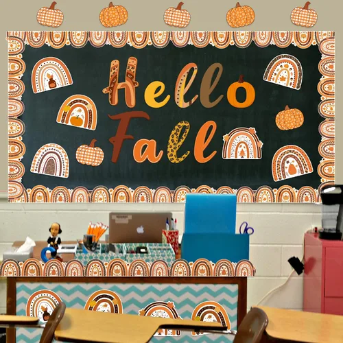Vista 6 de CY2SIDE Juego de 93 recortes de arcoíris bohemio con diseño de Hello Fall para tablón de anuncios, diseño de calabaza, bohemio, arcoíris, bordes