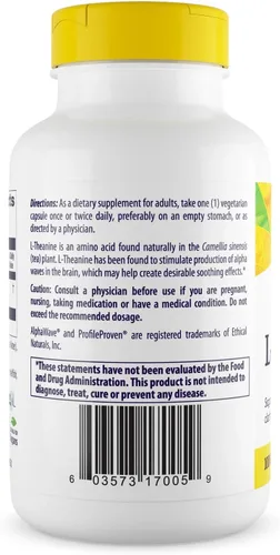 Vista 3 de Healthy Origins L-teanina 100 mg (AlphaWave, apoya la relajación sin somnolencia, apoyo cerebral, sin OMG, sin gluten), 180 cápsulas vegetales