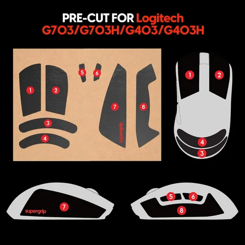 Vista 4 de Pulsar Gaming Gears SUPERGRIP Set de cinta adhesiva para Logitech G703 Absorbente de sudor, alto rendimiento, antideslizante, adhesivo 3M sin