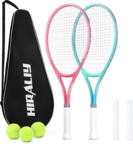 Vista 9 de HIRALIY Juego de raquetas de tenis de 27 pulgadas para adultos, raquetas de tenis preencordadas para 2 jugadores, 2 cintas de sobreagarre, 3 pelotas