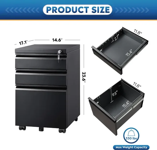 Vista 3 de DEVAISE Archivador móvil de 3 cajones con cerradura, gabinete de archivo de metal bajo el escritorio para oficina en casa/legal/carta/A4, Negro