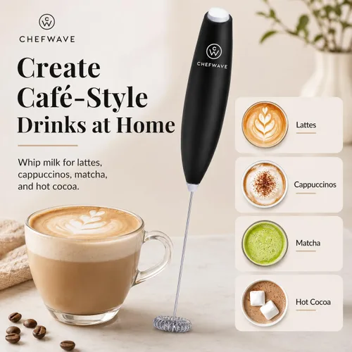 Vista 2 de Chefwave Espumador de leche portátil, funciona con pilas (negro) Batidor de acero inoxidable a batería, motor de titanio de 14.000 rpm, espuma