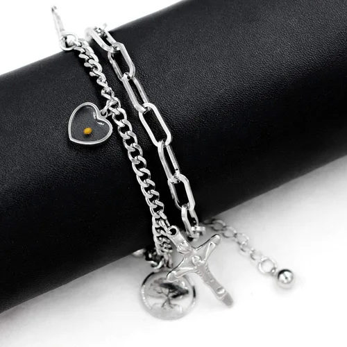 Vista 6 de Encantos Jesús Crucifijo Cruz Eslabón Cadena Pulsera Árbol de la Vida Brazaletes, Acero Inoxidable, Semilla de Mostaza Joyería Cristiana ZY077