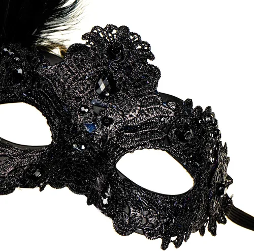 Vista 5 de Lujo Venecia Mujeres Carnaval Mascarada Máscara Veneciana con Pluma Lateral - Negro