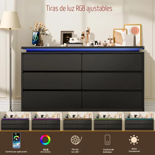 Vista 5 de Gyfimoie Cómoda Negra de 6 Cajones para Dormitorio, Cajonera Larga de 47.2" con Estación de Carga y Luces LED, Gabinete de Almacenamiento de Madera