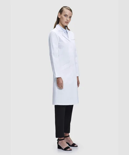 Vista 4 de Dr. James Abrigo de laboratorio para mujer, múltiples bolsillos, ajuste clásico, blanco, 37 pulgadas de largo