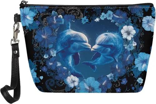 Vista 13 de Howilath Abstract Art Cat Cosmetic Pouch for Women PU Leather Toiletry Storage Bag Trapezoid Makeup Bags with Wrist Strap