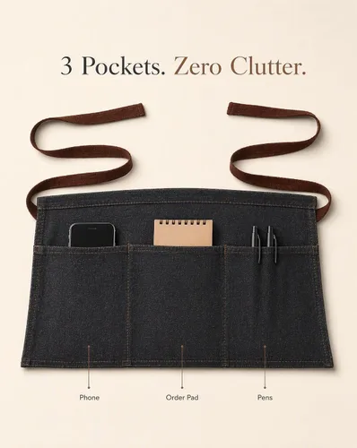 Vista 3 de Toyvian Durable Denim Waist Apron with 3 Pockets Unisex, Short Half Server Apron for Waiter Waitress, Bar, Cafe & Kitchen