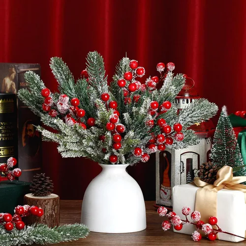 Vista 3 de Lyrow 80 piezas de ramas de pino nevado artificiales para Navidad, tallos de bayas artificiales, sprays, ramas de pino de cedro falso, agujas