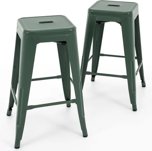 Vista 13 de Vogue Furniture Direct 24" Taburetes de bar de metal sin respaldo negros para interiores/exteriores, altura para encimera con asiento cuadrado