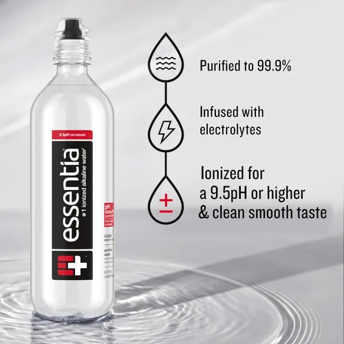 Vista 4 de Essentia Agua embotellada, tapón deportivo de 700 ml, agua alcalina ionizada; 99,9% pura, infundida con electrolitos, pH 9,5 o superior con un sabor