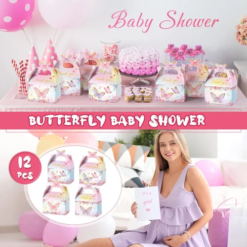 Vista 6 de Nezyo - 12 cajas de regalo de fiesta de mariposa, cajas de regalo de dulces de papel floral rosa morado a dos aguas con mango de mariposa