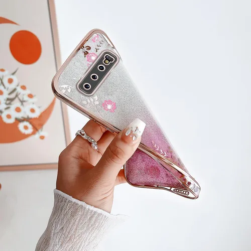 Vista 6 de Funda para Galaxy S10, TPU suave con purpurina, elegante, mariposa, floral, corazón, transparente, funda protectora con correa (oro rosa)