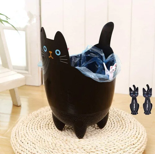 Vista 2 de Cubo de almacenamiento de basura de baño de mesa ABS de gato de dibujos animados con clips para gatos