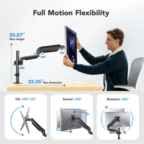 Vista 4 de HUANUO Brazo de monitor único, soporte alto para monitor de computadora para pantallas de 13 a 32 pulgadas con capacidad para 4.4-19.8 libras