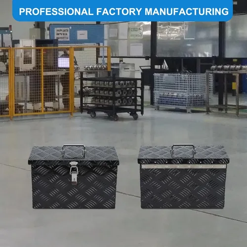 Vista 6 de Caja de herramientas de aluminio negro resistente de 16 x 7.5 x 10 pulgadas con cerraduras y llave de cierre con mango en T, caja de herramientas