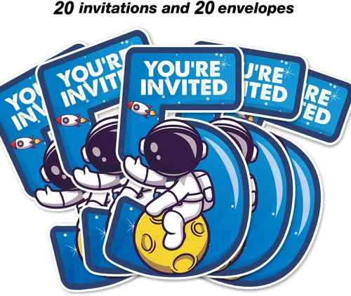Vista 3 de Outer Space - Invitaciones para fiesta de 5º cumpleaños con sobres, juego de 20 tarjetas de invitaciones de astronauta con cinco formas