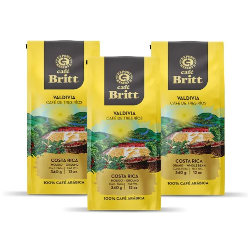 Café Britt® - Café Costarricense Tres Rios Valdivia (12 onzas) (paquete de 3) - Café molido, arábica, kosher, sin gluten, 100% gourmet y tostado